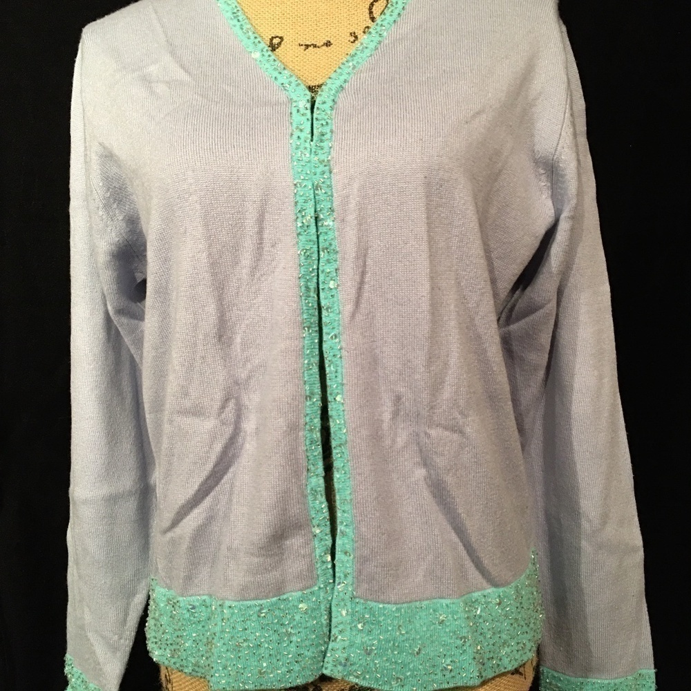 ZZ SILK Beaded Twin Sweater Set, SILK/CASHMERE, Lavender/Turquoise, Women’s L